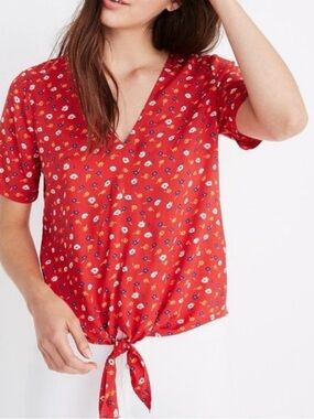 Madewell Red Floral Tie-Front V-Neck Blouse